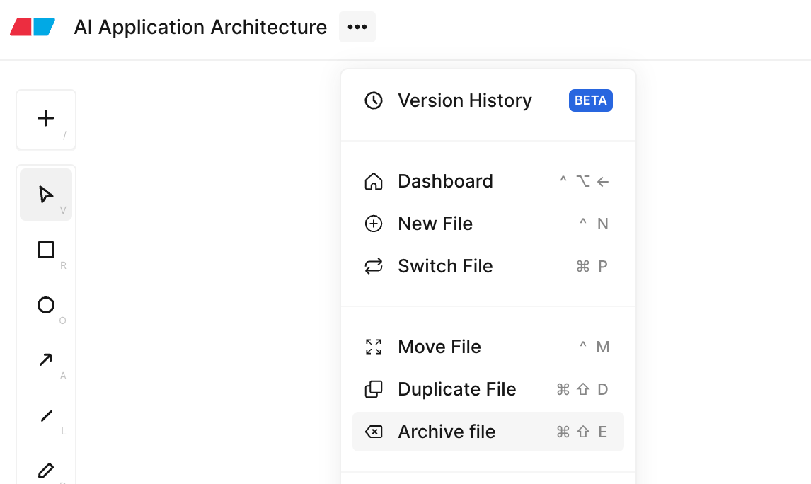 The file menu open in the editor, with Archive file highlighted and its Cmd+Shift+E shortcut shown alongside.