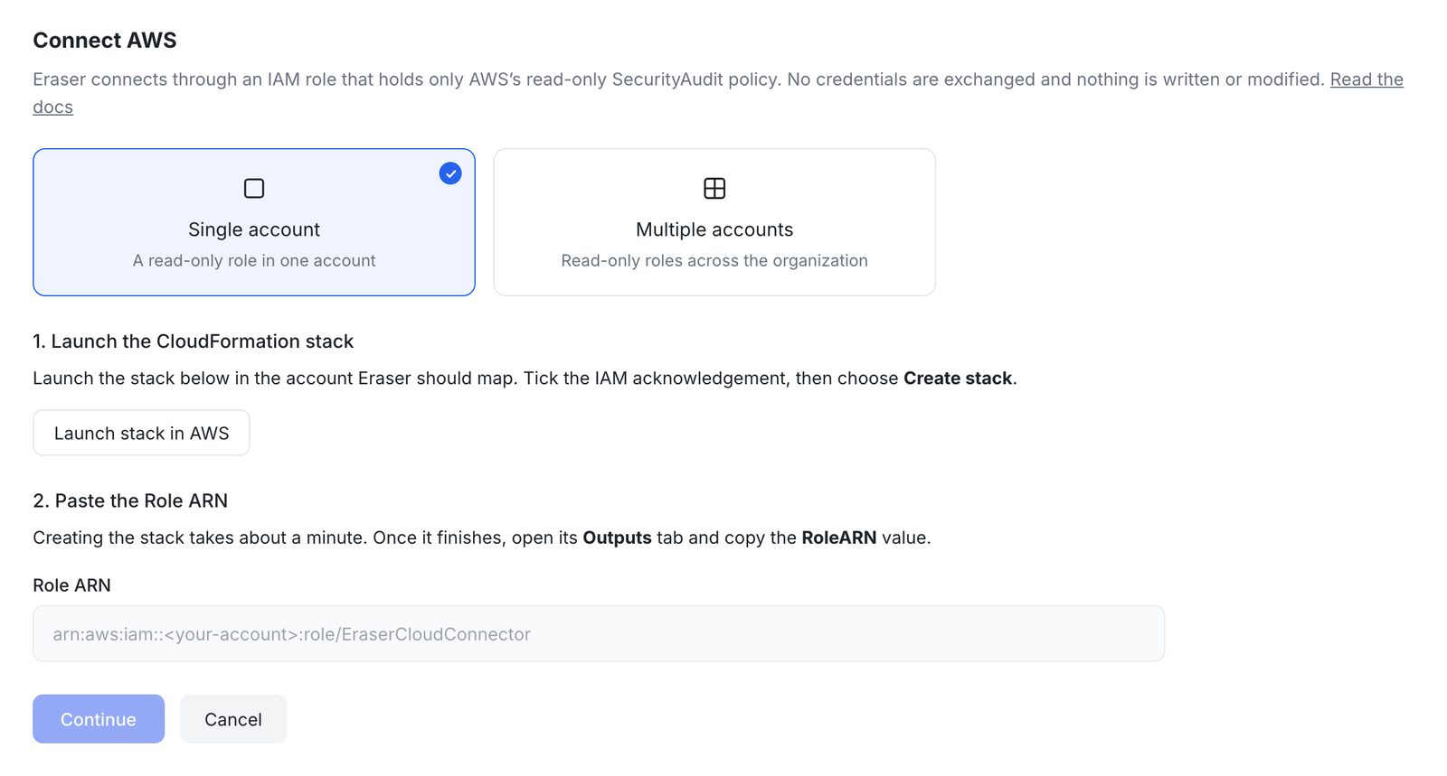 The Connect AWS form in Eraser, with Single account selected