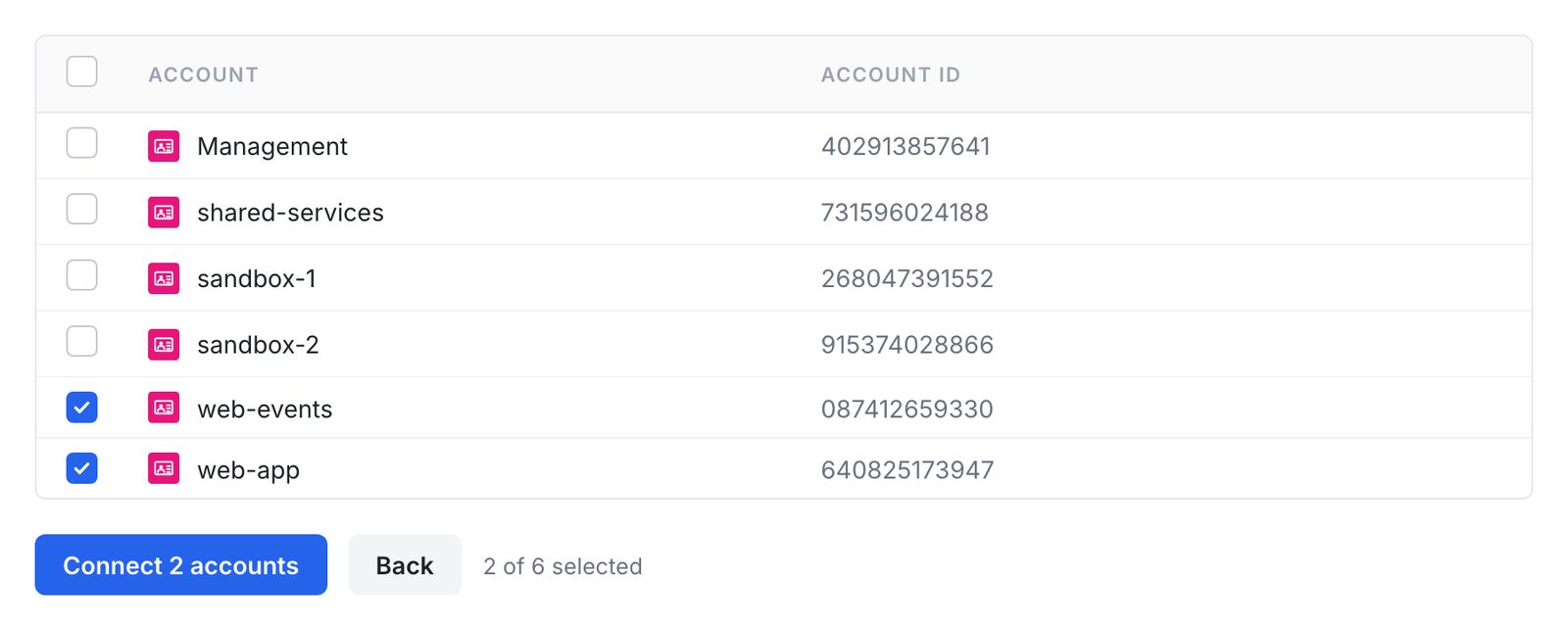 The account picker in Eraser, with two of six accounts selected