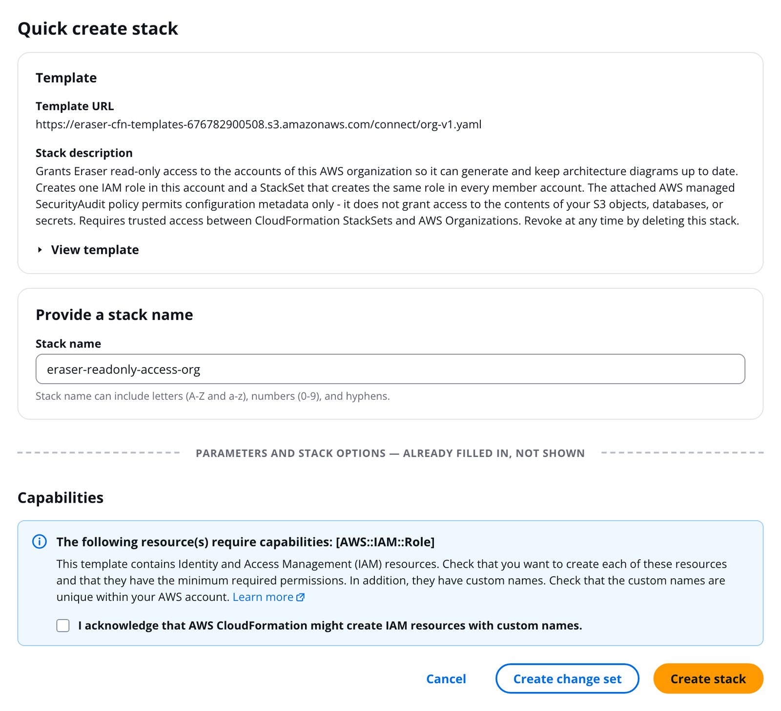 The CloudFormation quick create stack page for the organization template