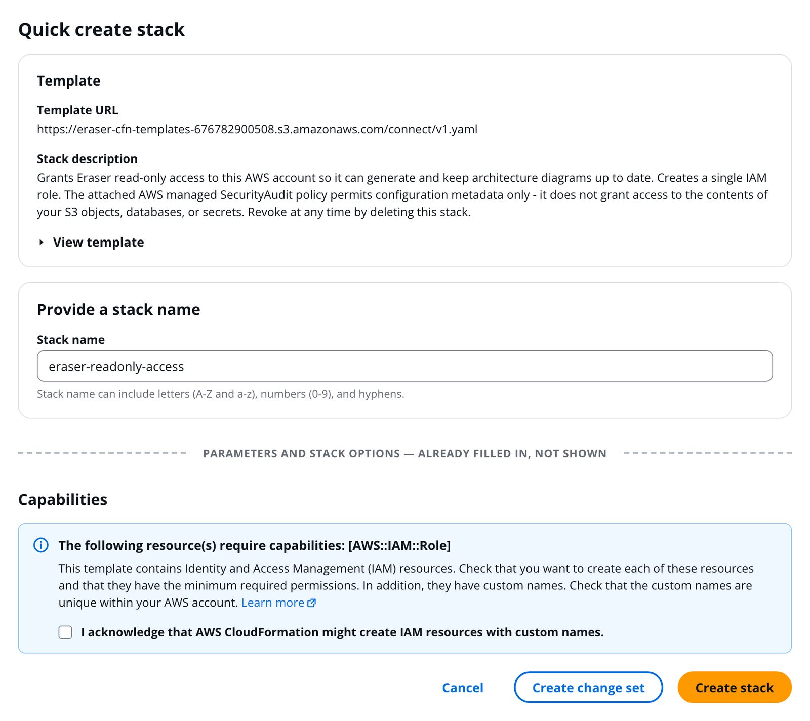 The CloudFormation quick create stack page, with the Eraser template pre-filled