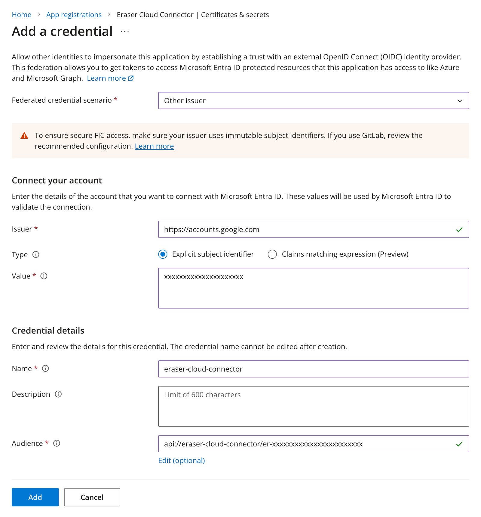 The Add a credential page in Azure with the four values filled in