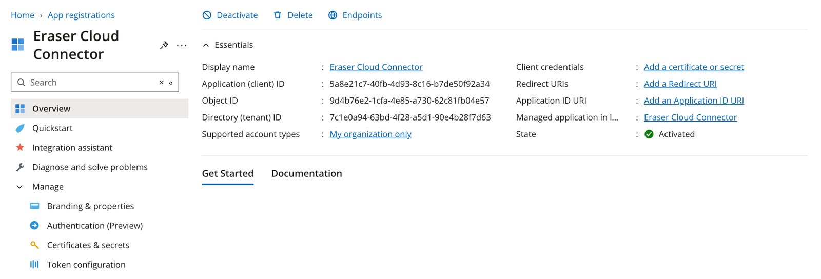 The app registration Overview page showing the Application and Directory IDs