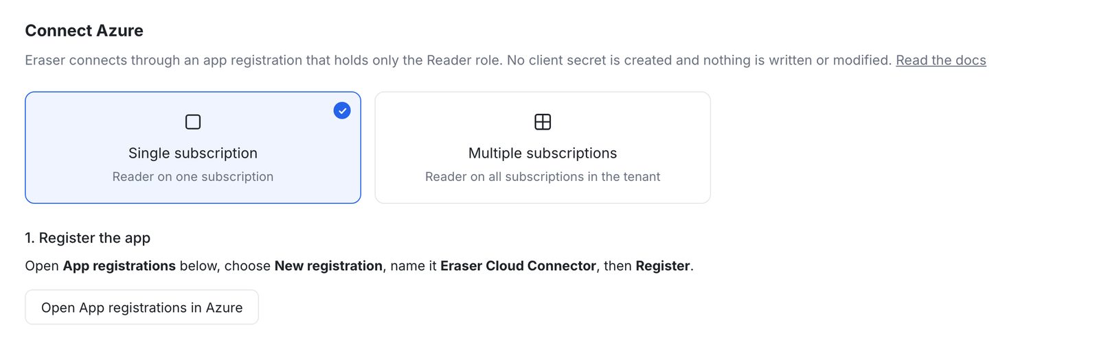 The Connect Azure form in Eraser, with Single subscription selected