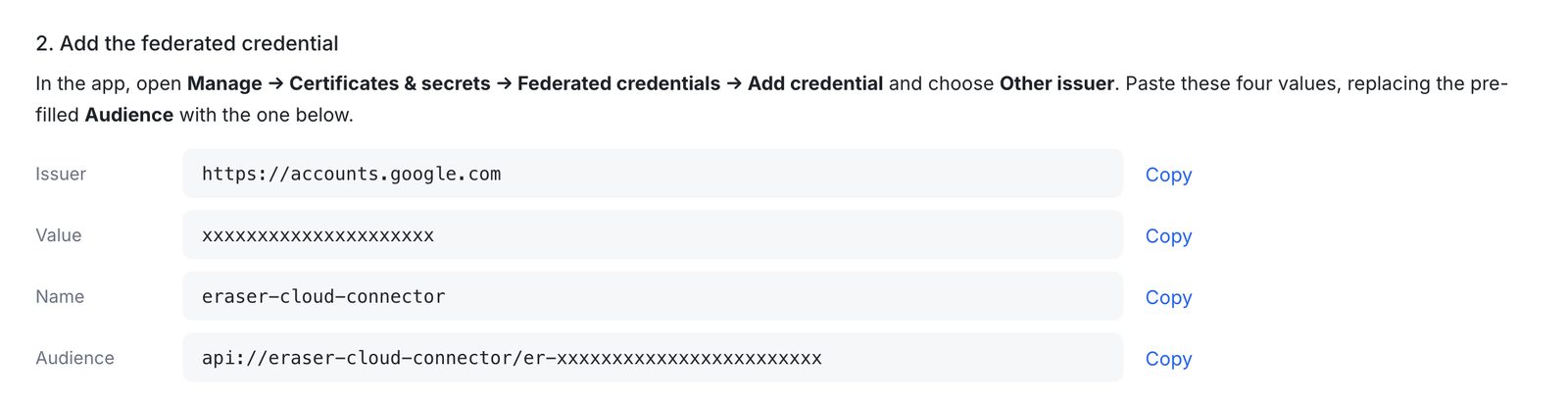 The four federated credential values in Eraser, each with a Copy button