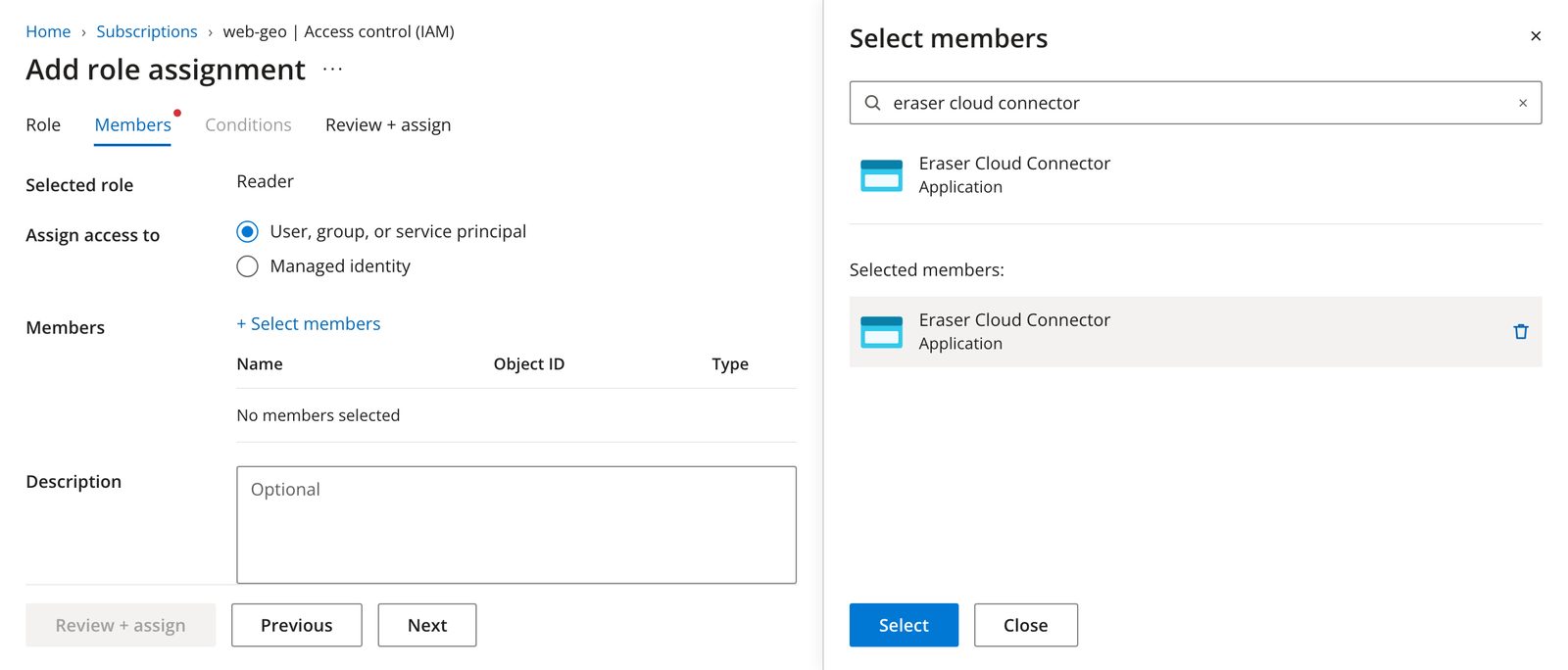 The Select members panel with Eraser Cloud Connector selected