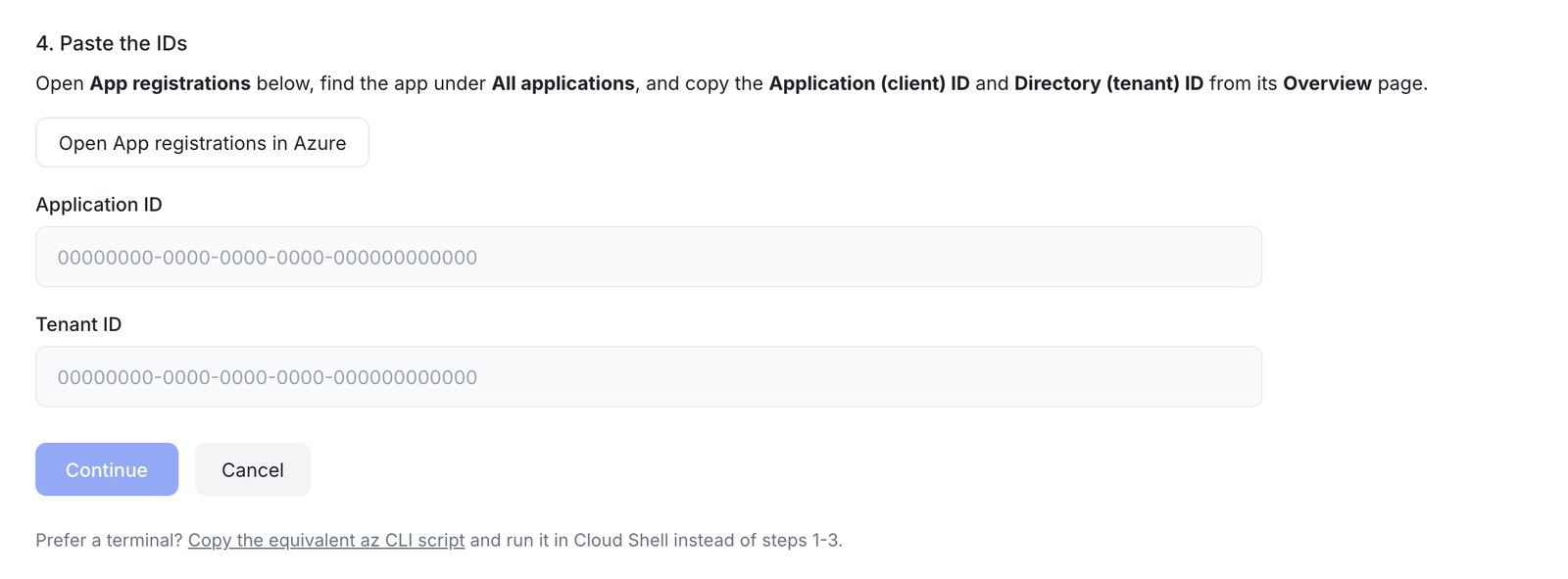 The Application ID and Tenant ID fields in Eraser