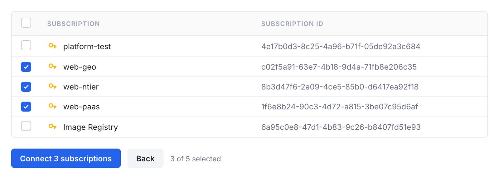 The subscription picker in Eraser, with three of five subscriptions selected