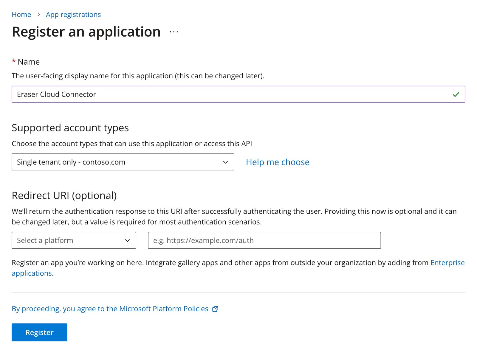 The Register an application page in Azure, named Eraser Cloud Connector