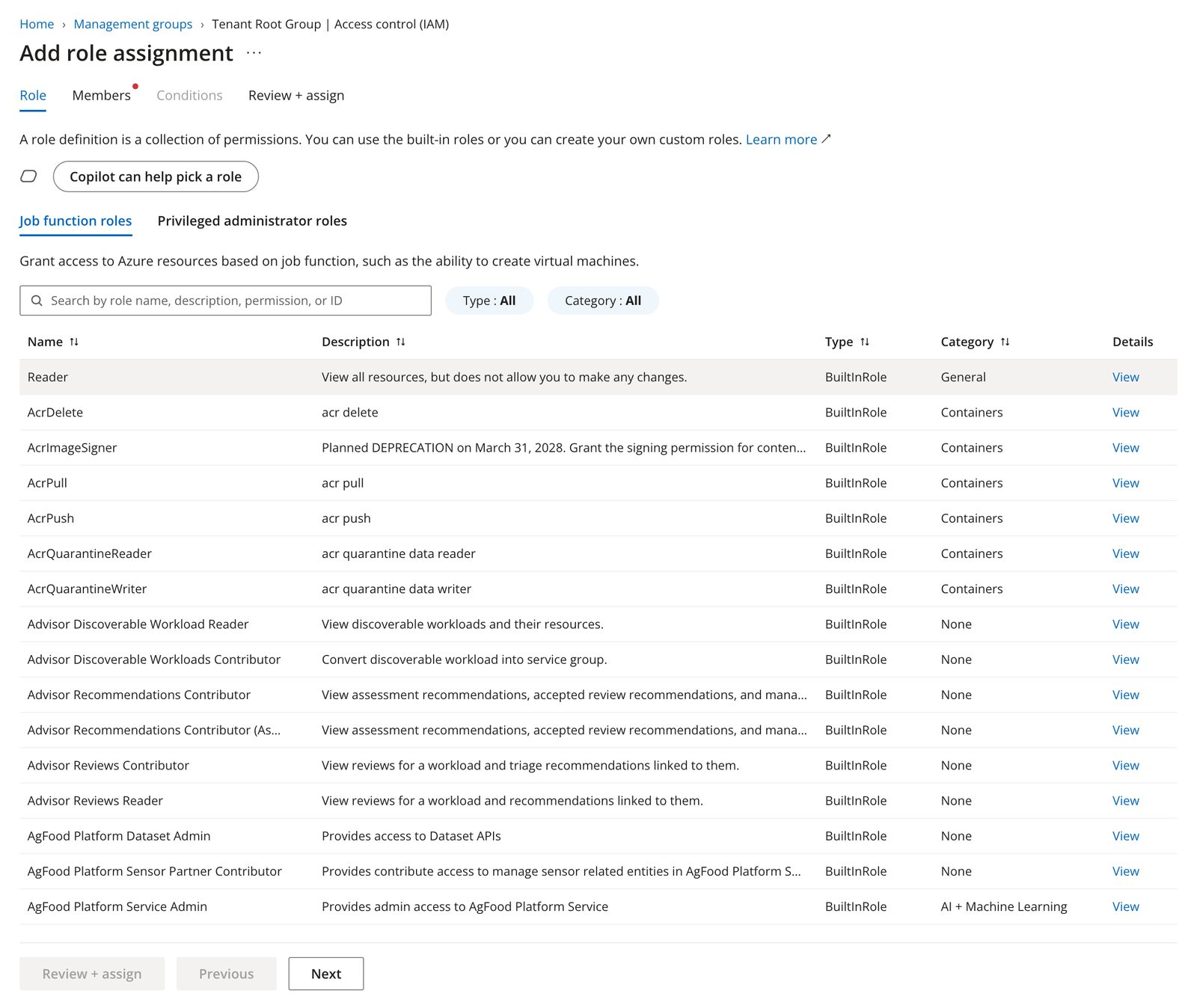 The role list with Reader selected, scoped to the Tenant Root Group