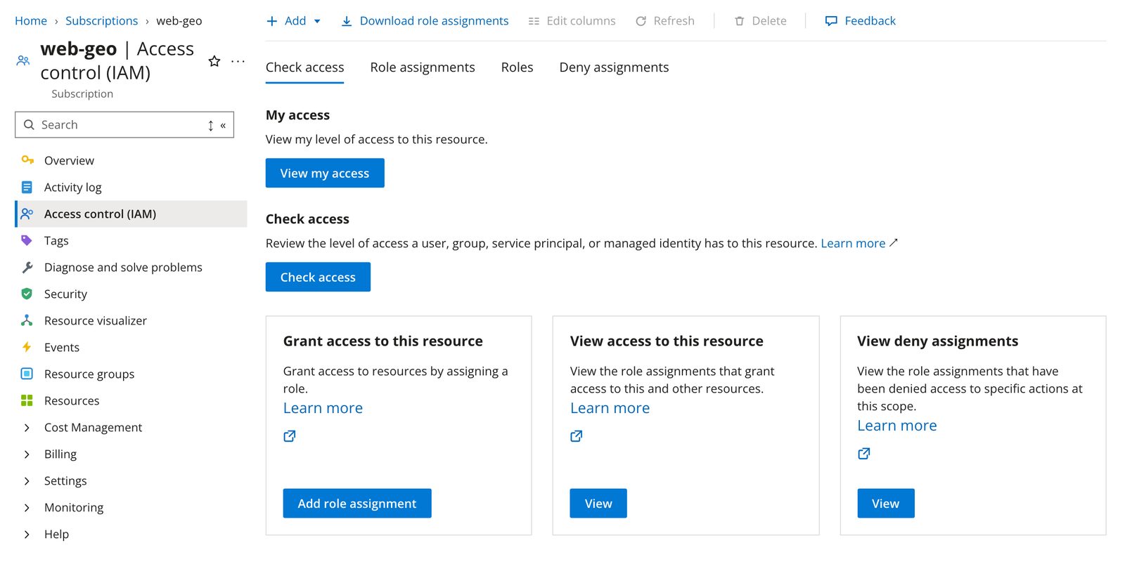 The Access control (IAM) page for a subscription