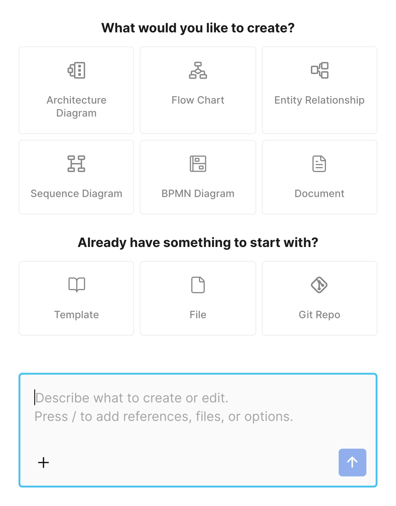 The AI chat starting screen, with six diagram types to choose from and an empty prompt box