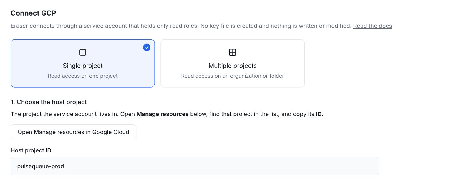 The Connect GCP form in Eraser, with Single project selected