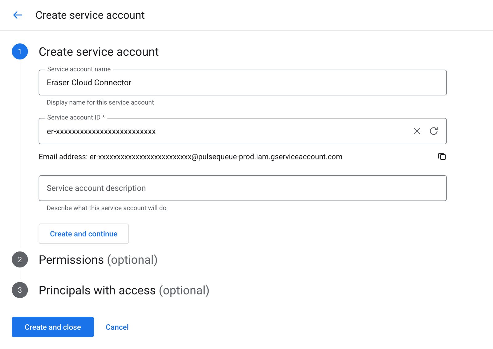 The Create service account page in Google Cloud with the name and ID filled in
