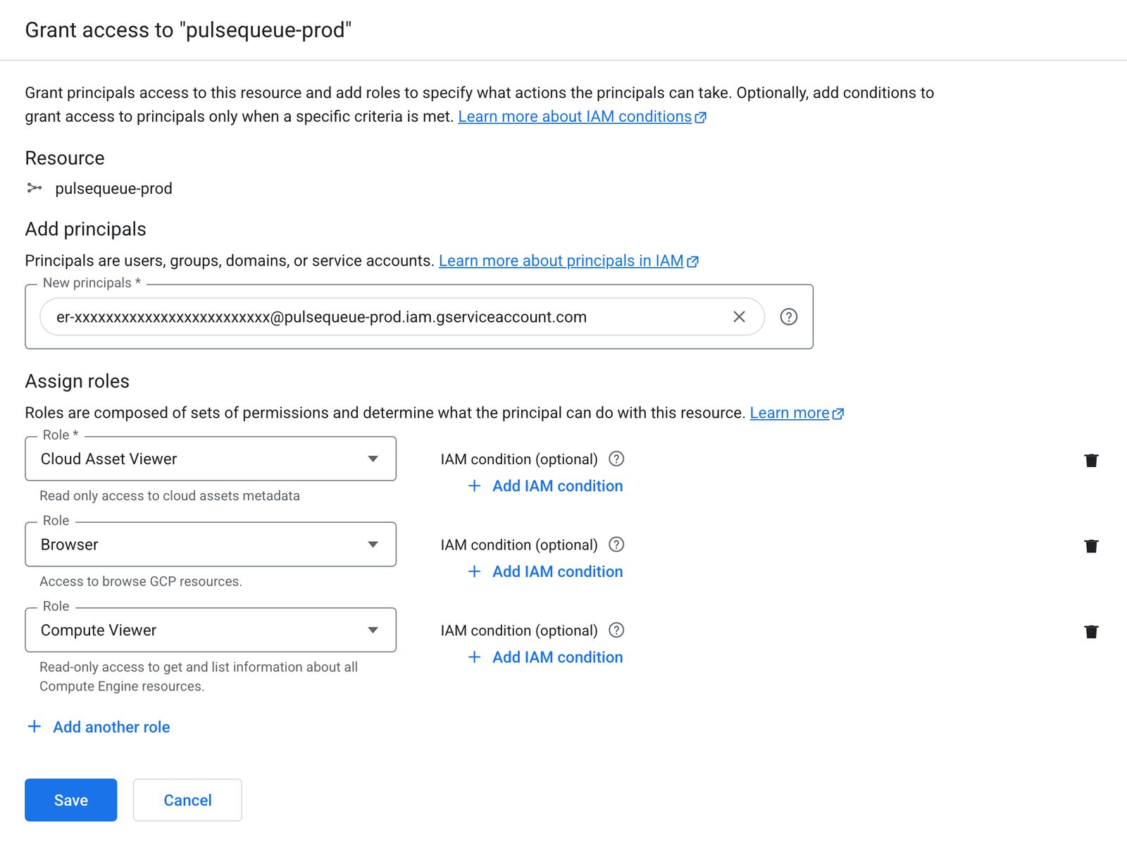 The Grant access panel for a project, with the three roles added