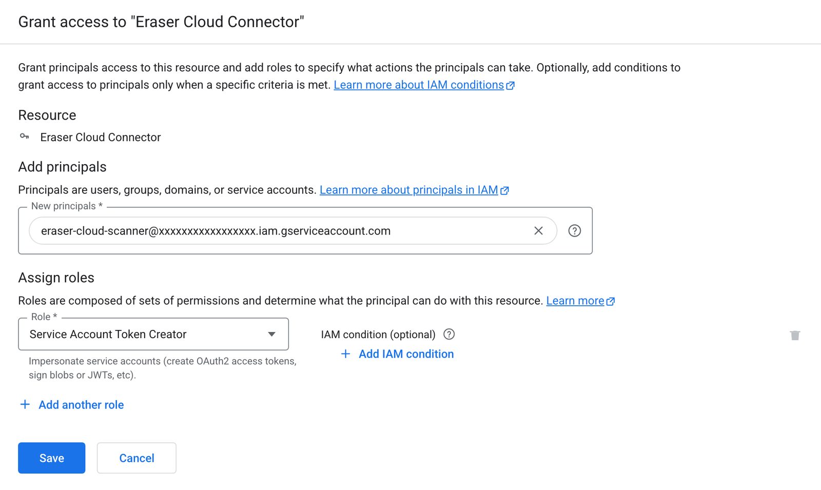 The Grant access panel for the service account, with Service Account Token Creator selected