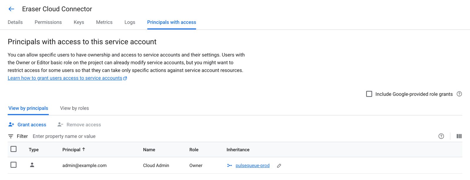The Principals with access tab of the connector service account