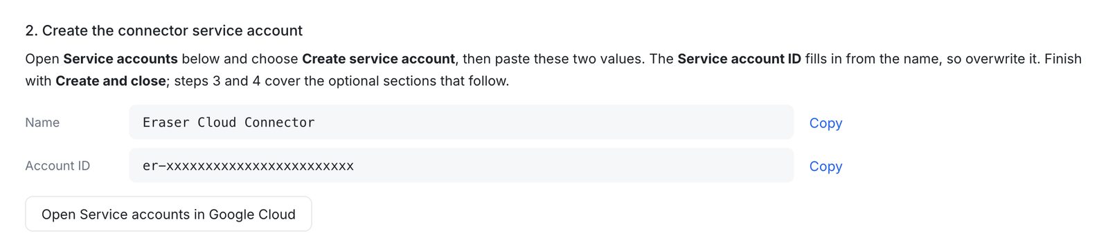 The Name and Account ID values in Eraser, each with a Copy button