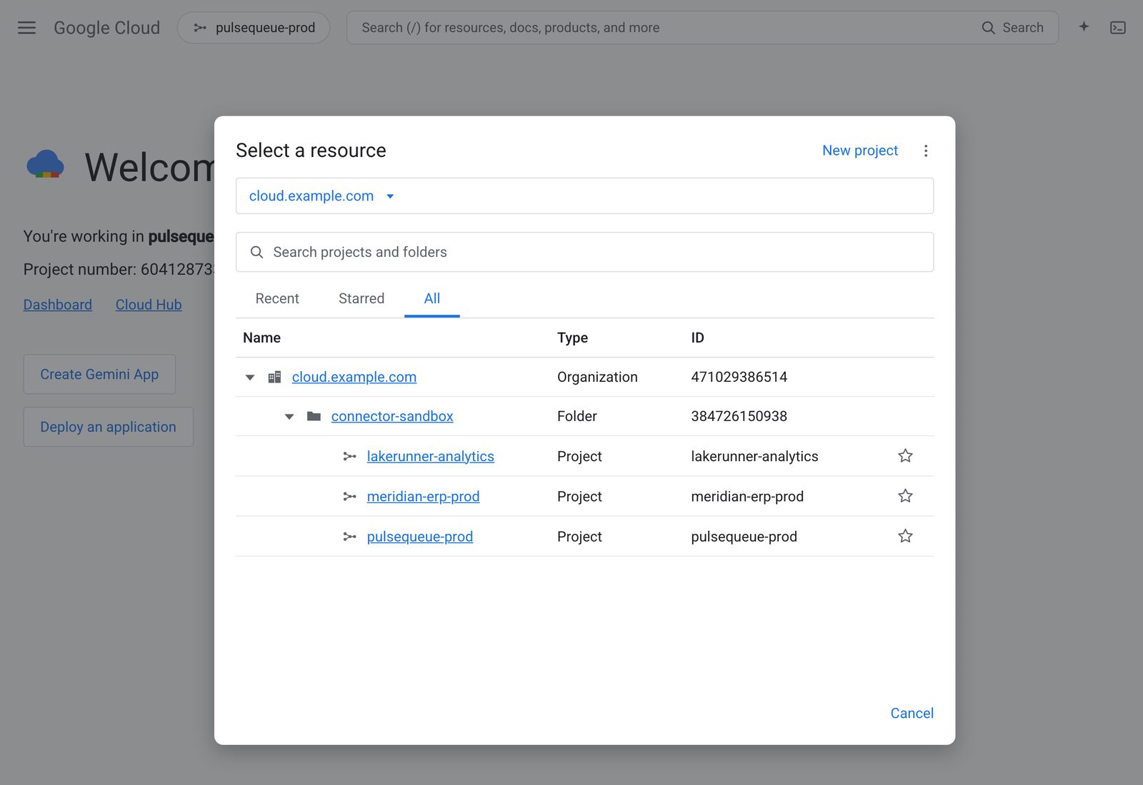 The Select a resource dialog in Google Cloud, showing the organization, a folder, and its projects