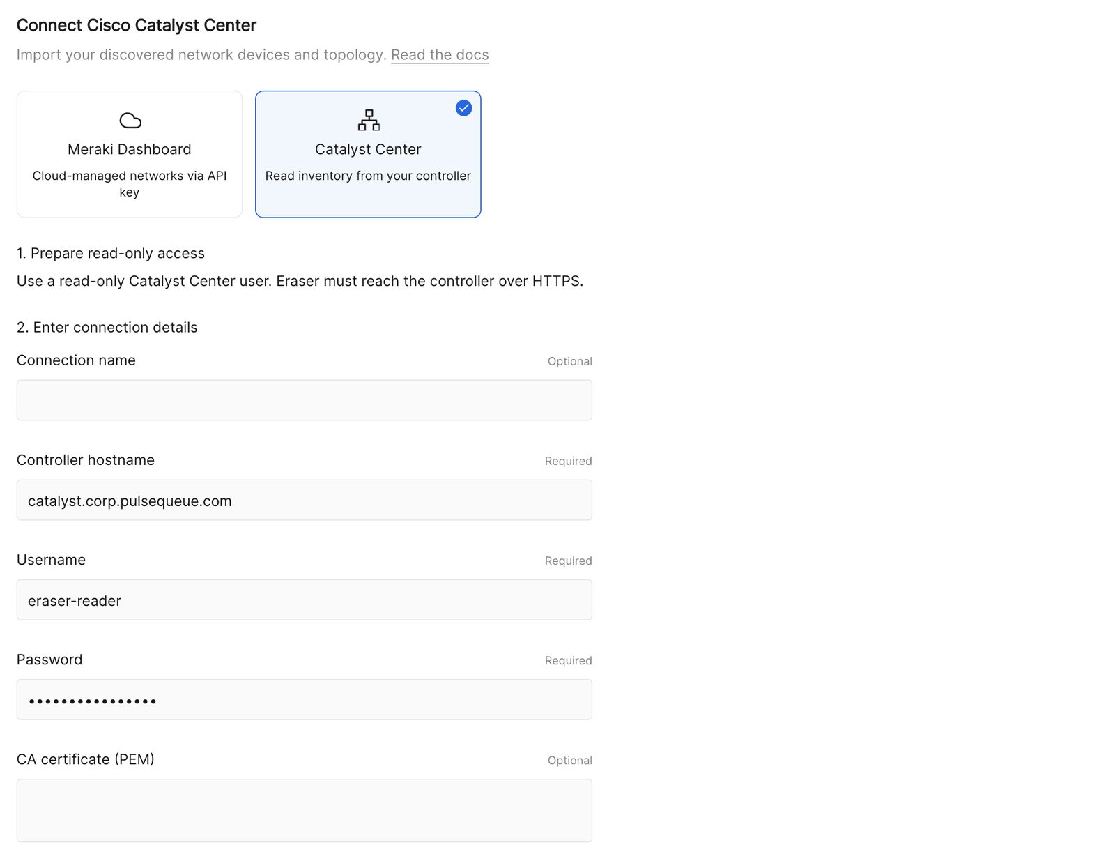 The Connect Cisco Catalyst Center form in Eraser, with the controller hostname and username filled in