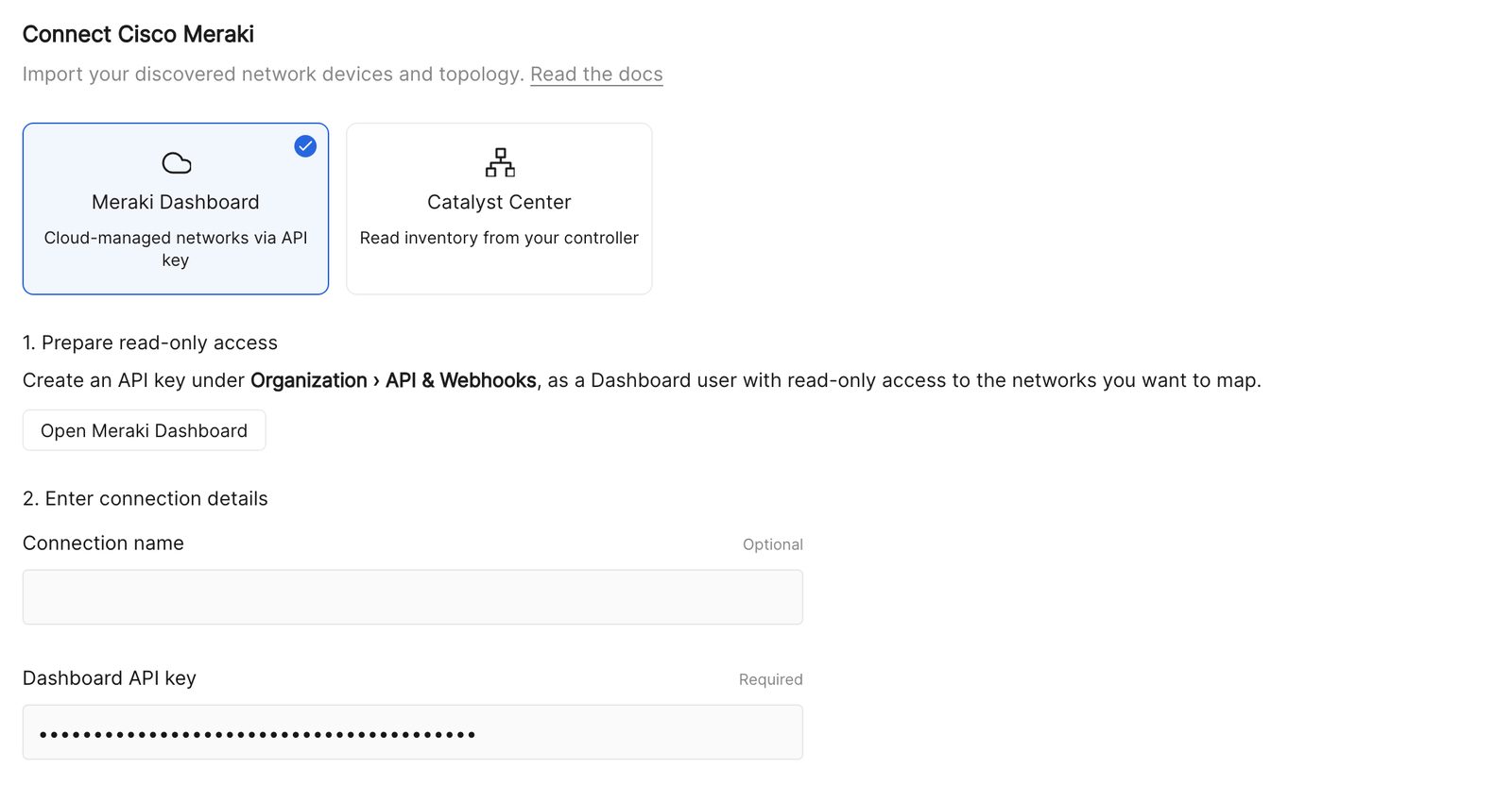 The Connect Cisco Meraki form in Eraser, with Meraki Dashboard selected
