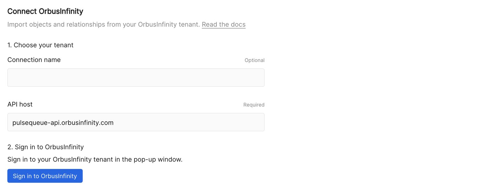 The Connect OrbusInfinity form in Eraser, with the API host filled in