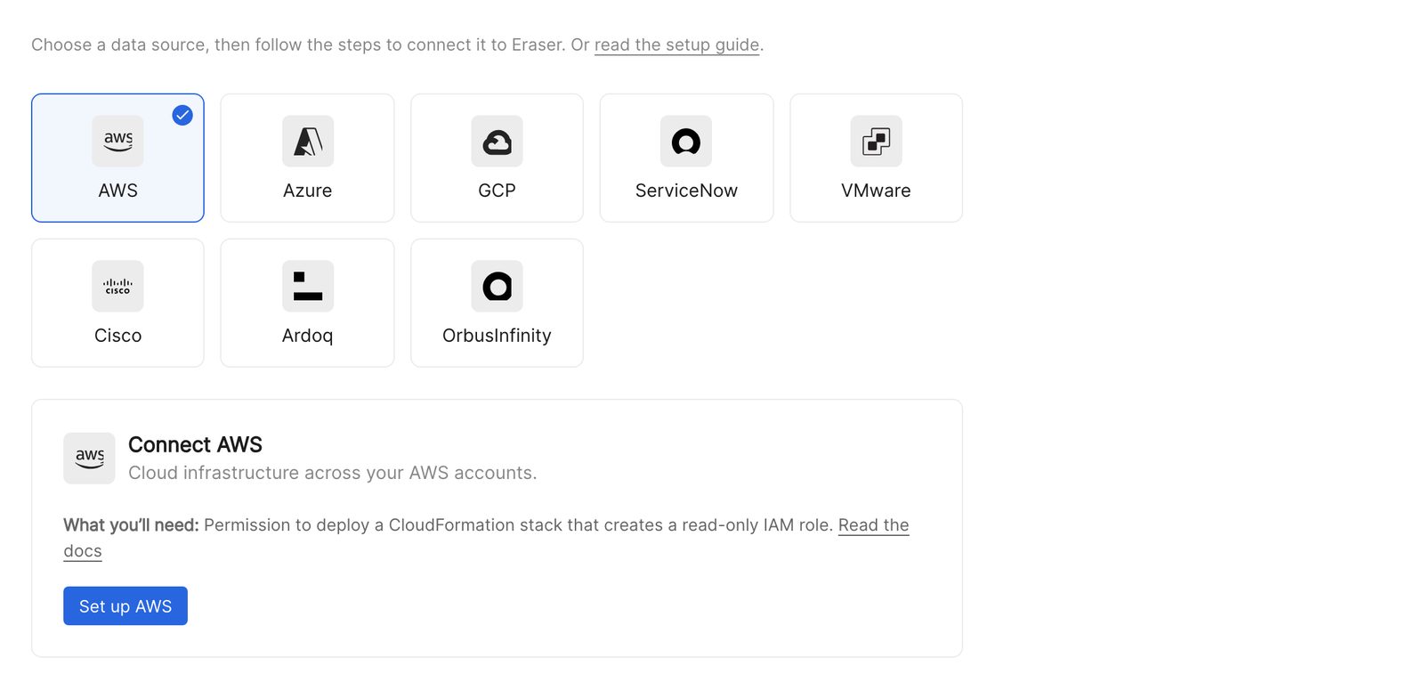 The Data Sources pane in Eraser, listing the data sources you can connect