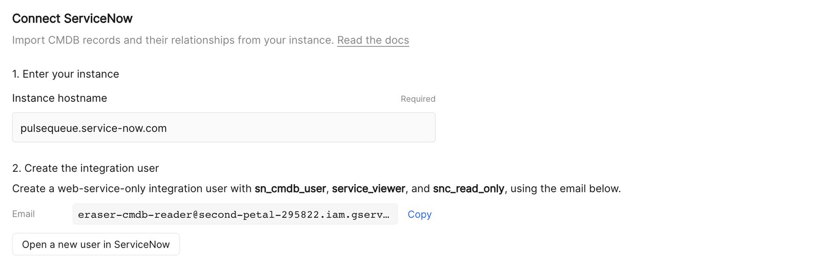The Connect ServiceNow form in Eraser, with the instance hostname filled in
