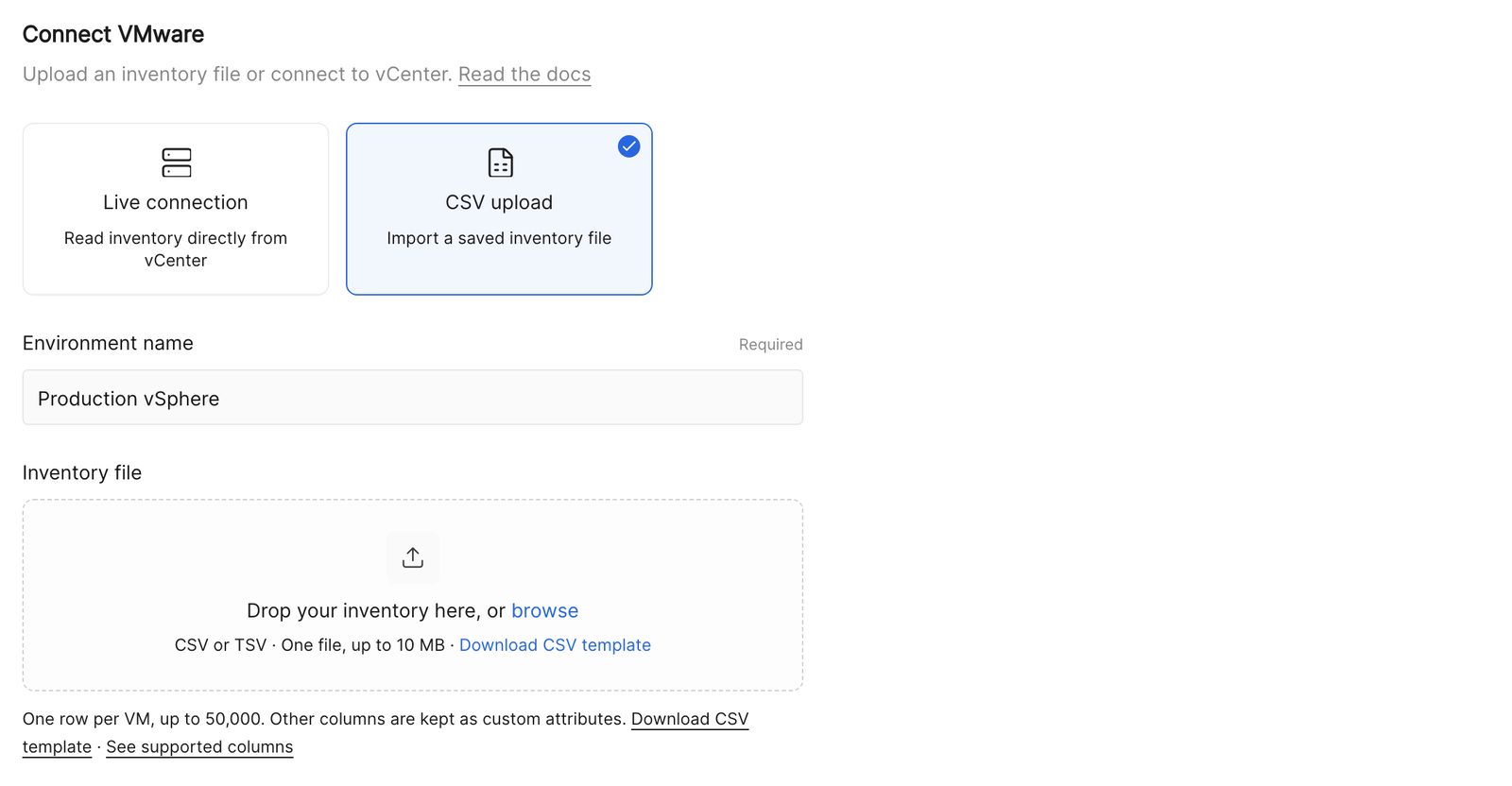 The Connect VMware form in Eraser, with CSV upload selected