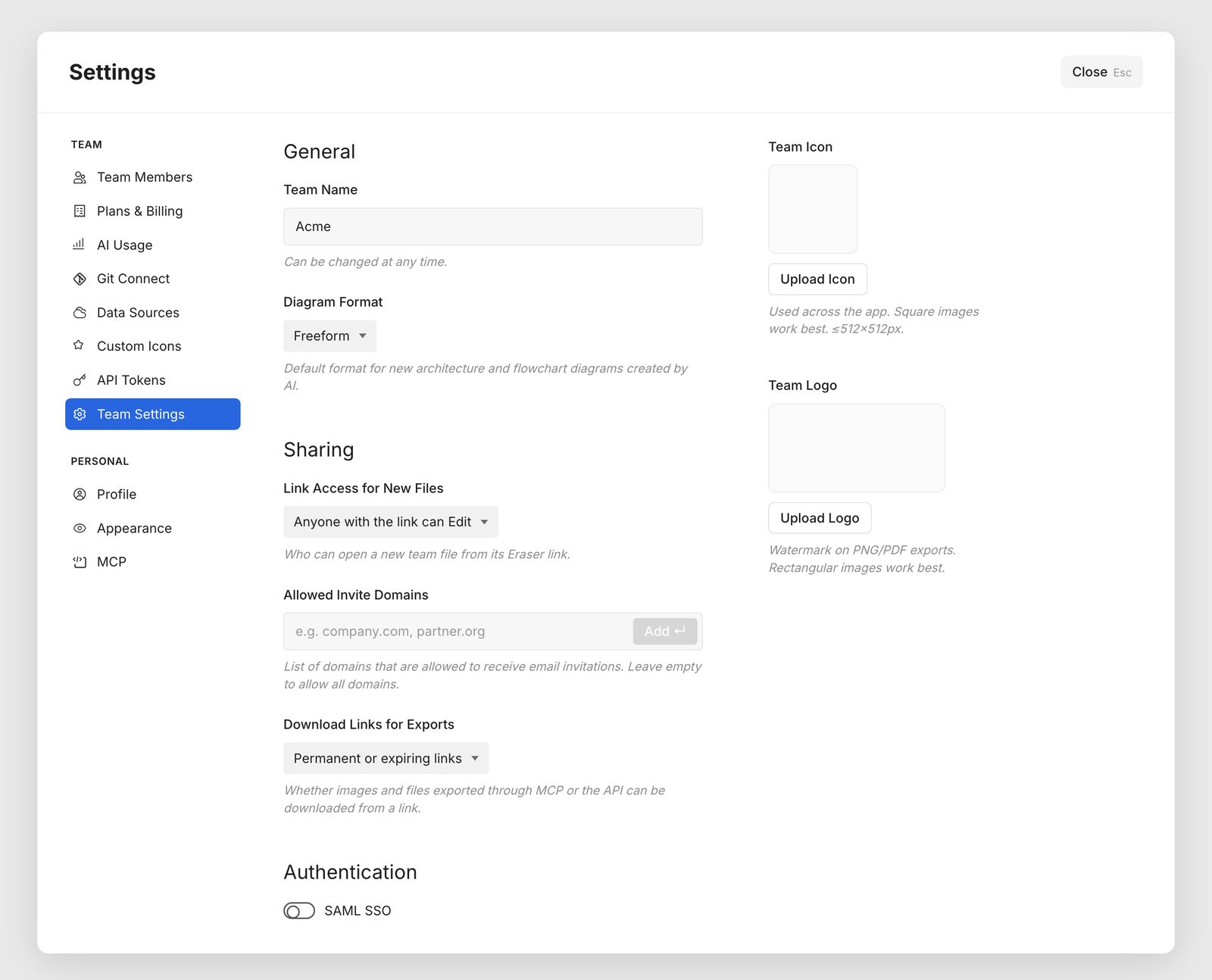 The Team Settings page, with General, Sharing, and Authentication sections.