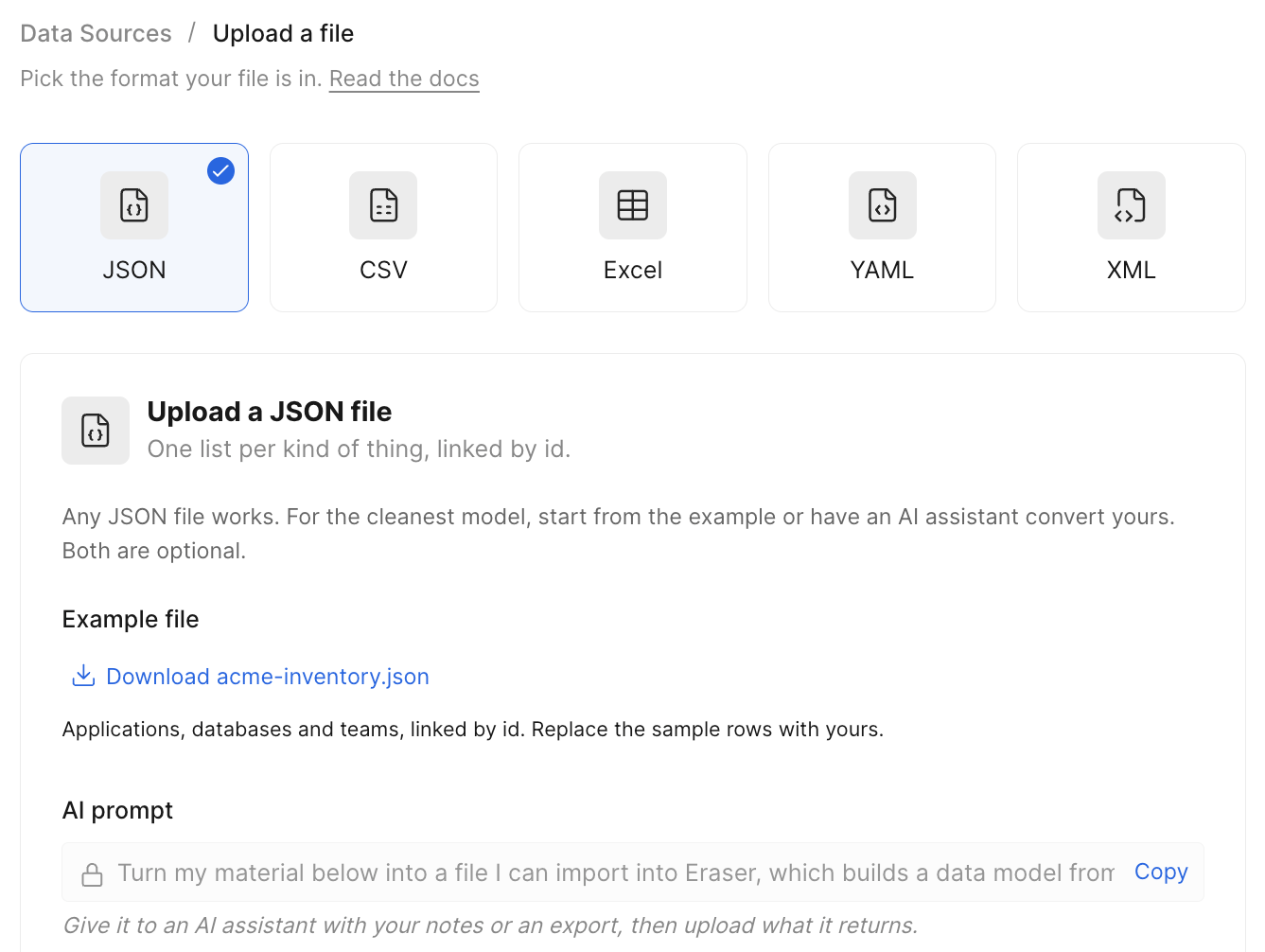The Upload a file form in Data Sources: five formats, an example file and an AI prompt